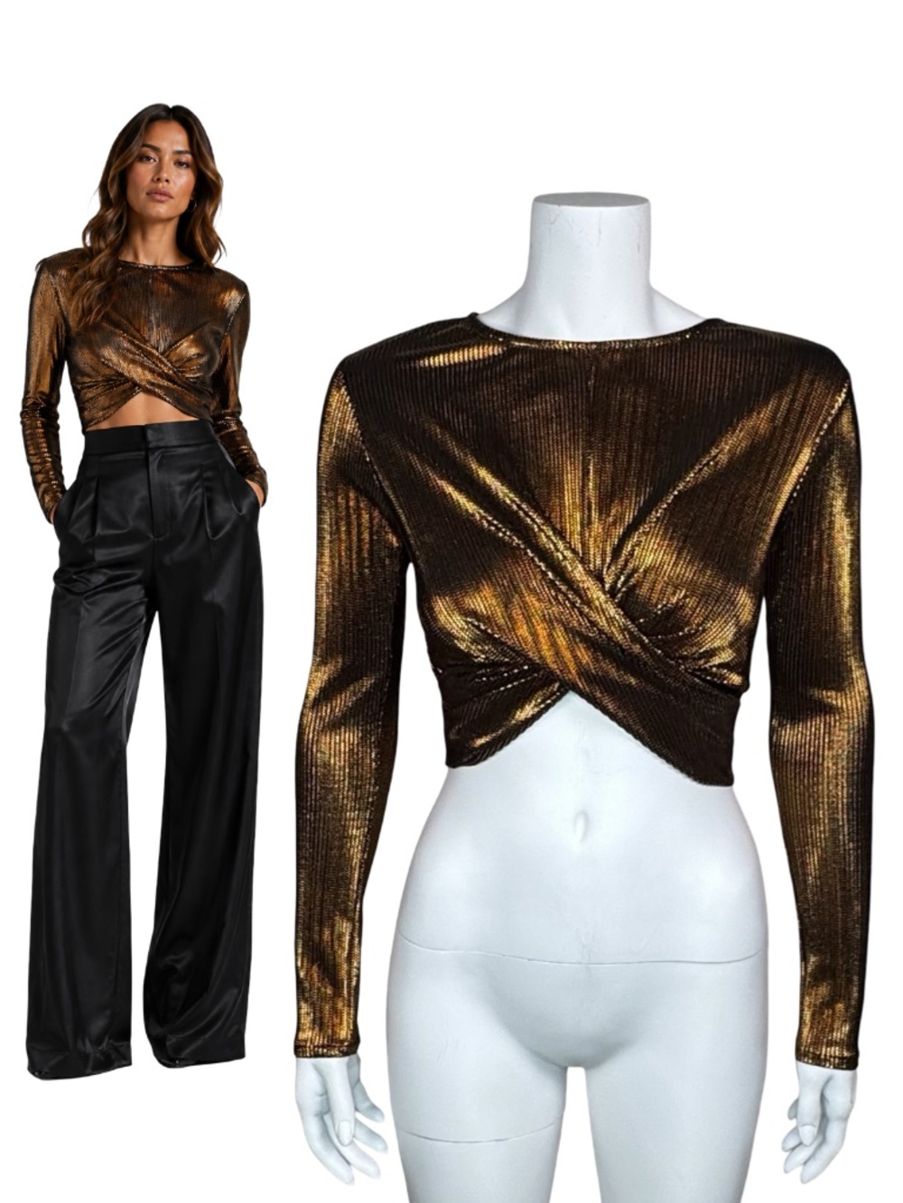 TOPSHOP Metallic Copper Bronze Twist Front Crop Top Long Sleeve Size US 4